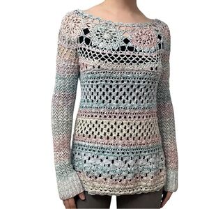 Free People Crochet Sweater Open Knit Colorful Boho Fairy Pastel Size Small